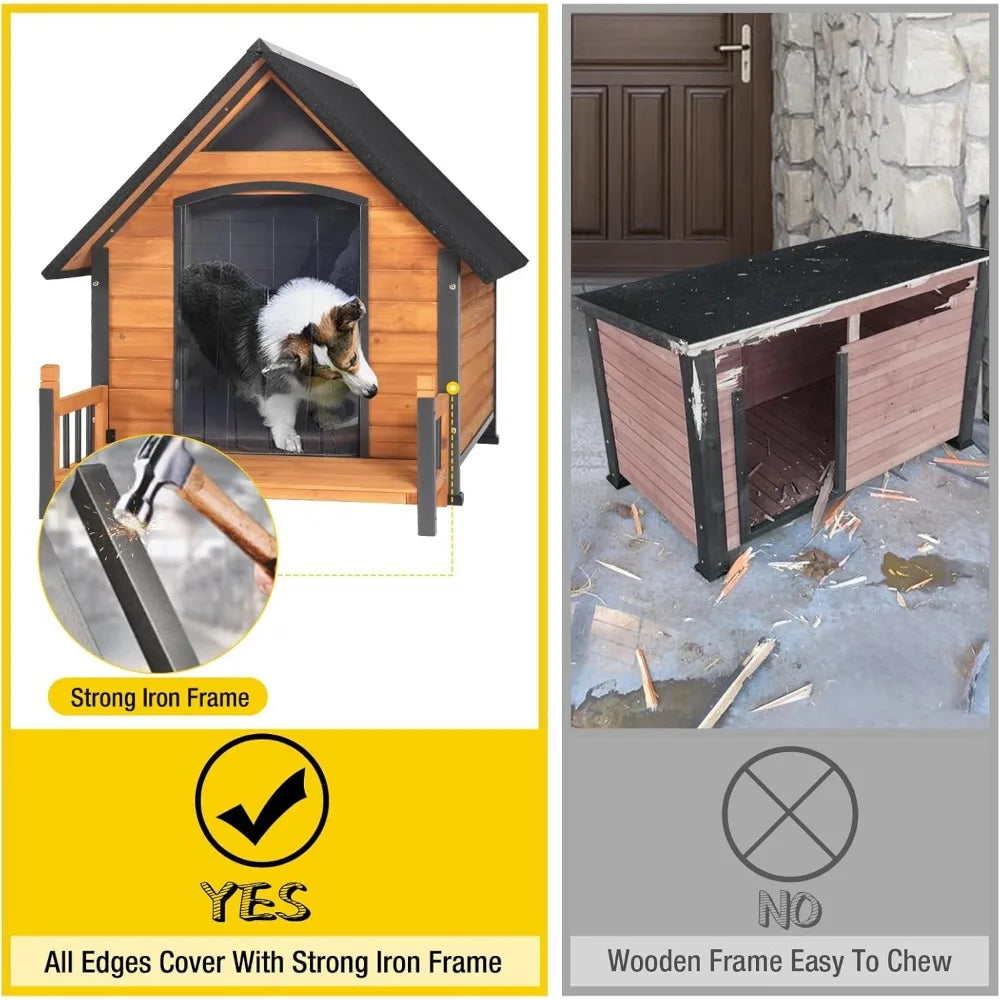 Aivituvin Dog House Outdoor with Metal Frame Outside Dog Kennel with Roof Weatherproof and Raised Legs for Large Medium Small Do
