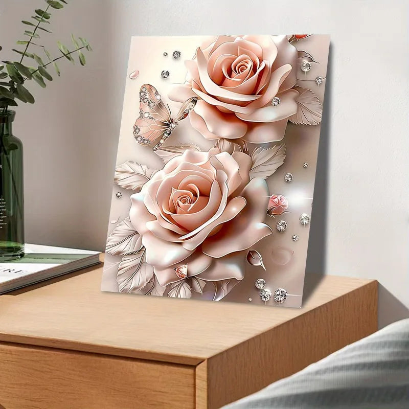 Dream Pink Rose Butterfly Diamond Canvas Wood Wall Art Decor