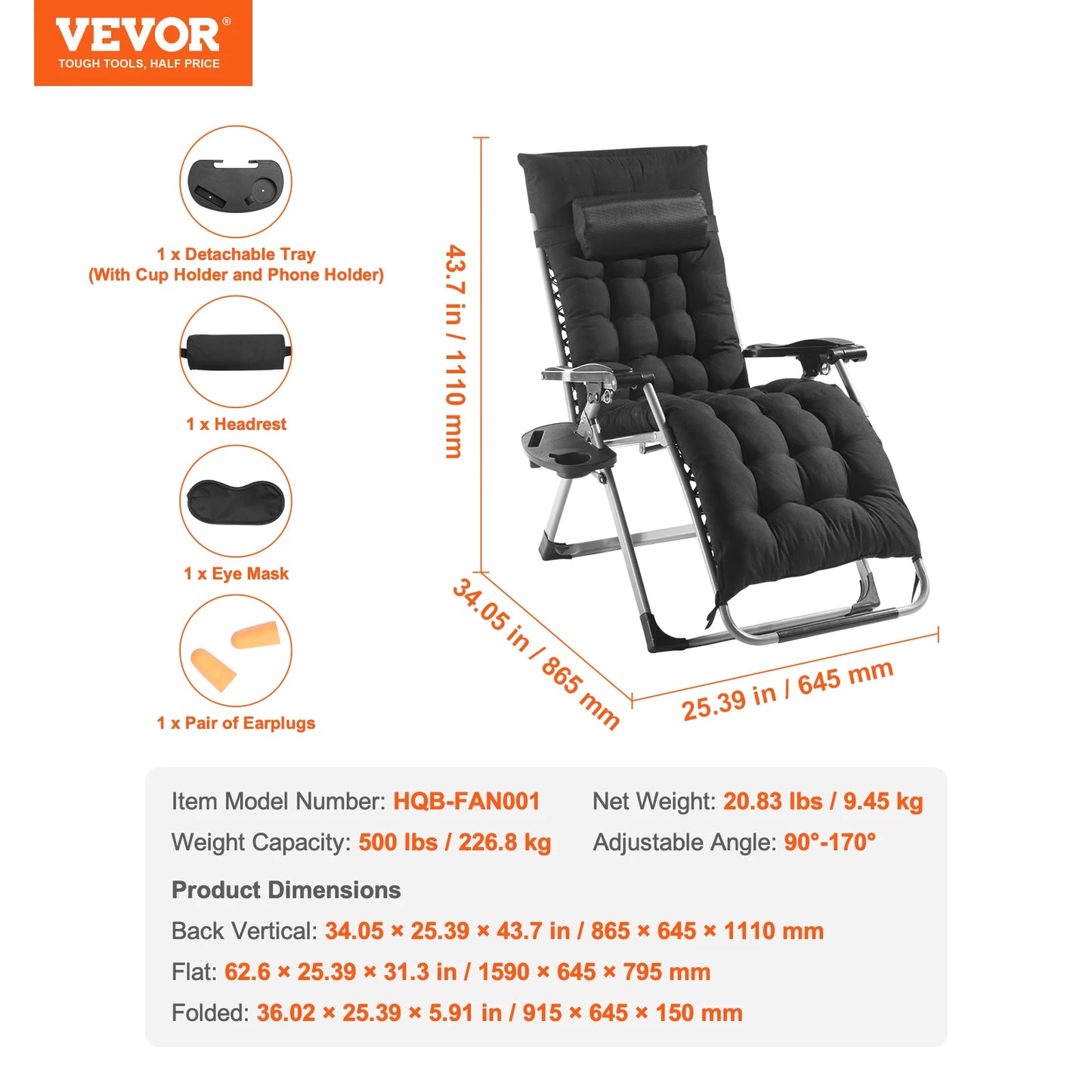 VEVOR Zero Gravity Chair Zero Gravity Recliner Lounge Chair Adjustable Anti Gravity Chair with Cushion Footrest and Cupholder