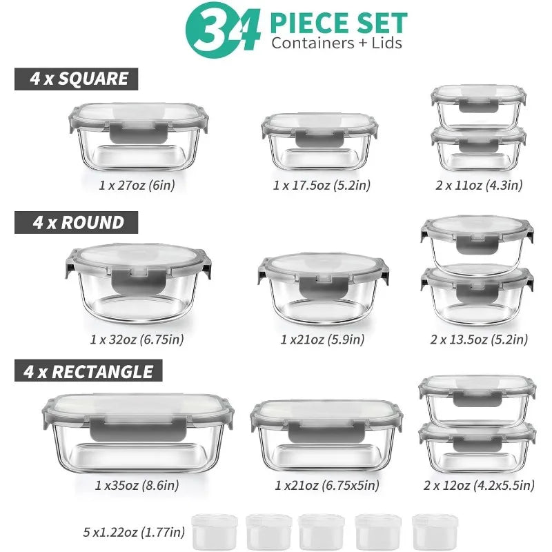 34pcs Glass Food Storage Containers with Lids Set, Airtight Glass Meal Prep Containers (17 Containers & 17 Lids), Leak Proof