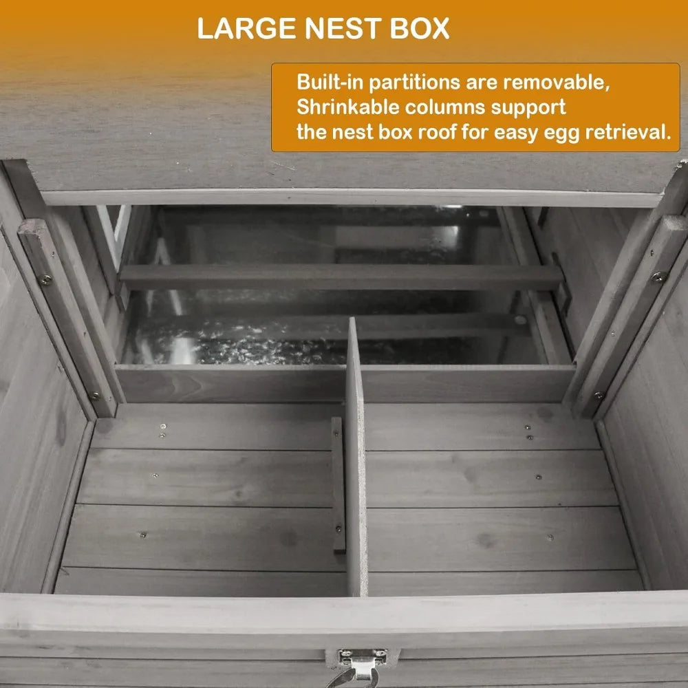 Chicken Coop Solid Wood with Large Run Cage 2 Stories Asphalt Roof Nest Box Pu Wheels Perch