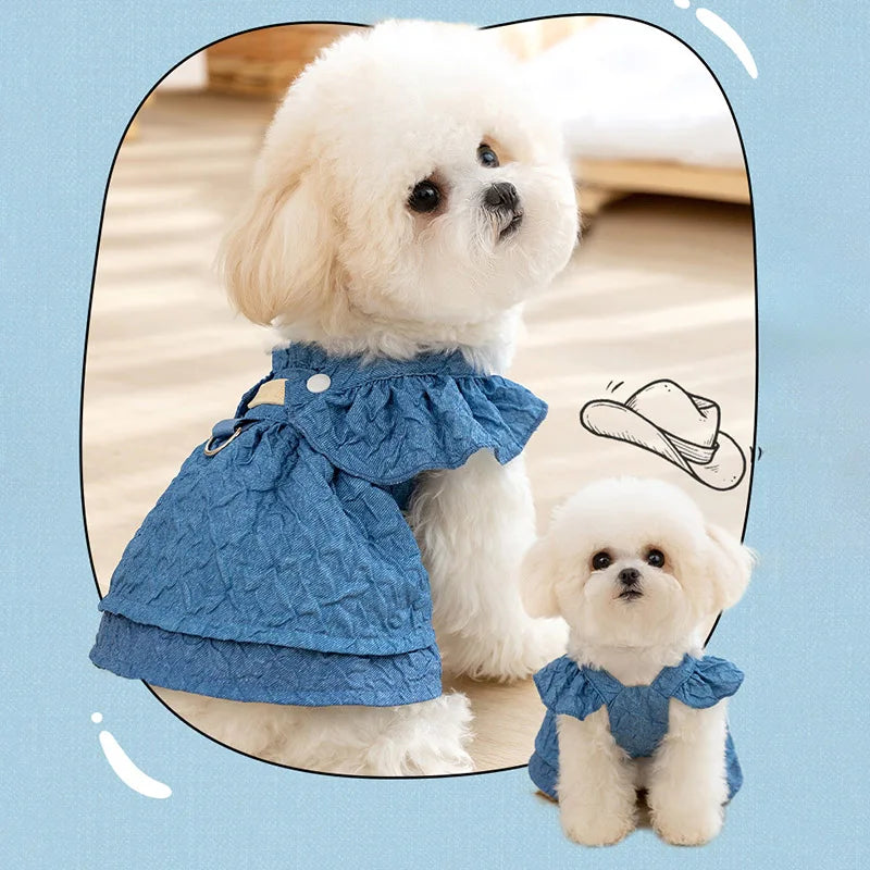Denim Dog Dresses For Small Dogs With Leash Ring Flying Sleeves Blue Outfit