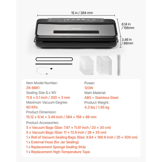 VEVOR 80Kpa 120W Electric Vacuum Sealer Machine 7-in-1 Dry/Wet Food Sealer with Built-in Cutter Knife for Kitchen Food Storage