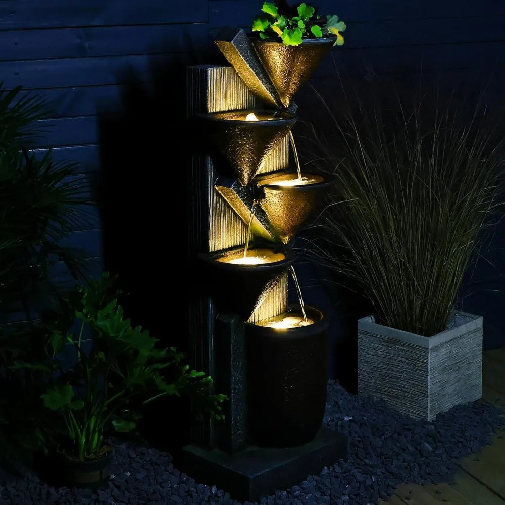 Tall Outdoor Waterfall Fountain Tier Indoor Floor Standing Water Fountains with LED Lights&Pump for Garden, Living Room,Patio
