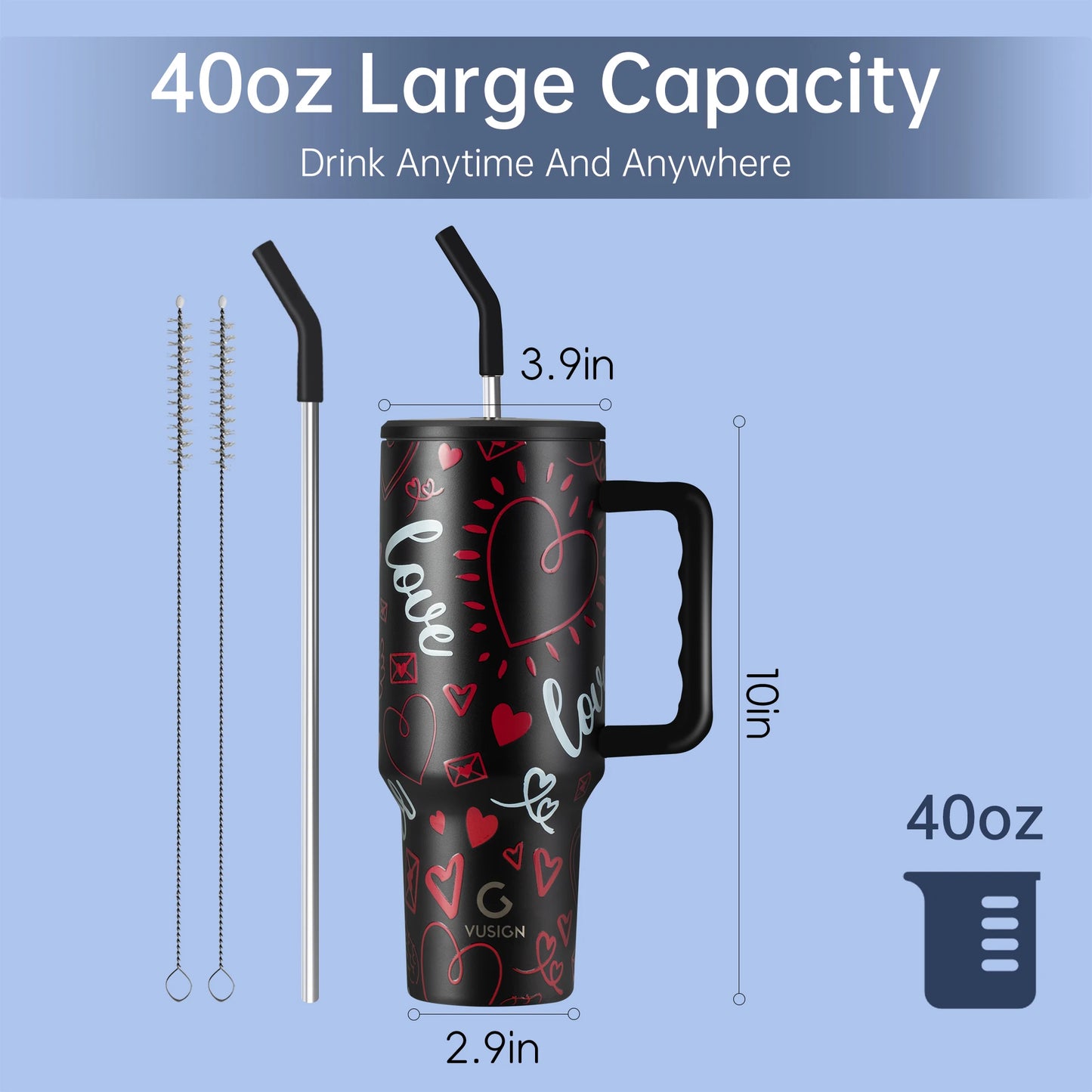 Deli 40oz Tumbler with Handle, Dual Straw Lid, Stainless Steel Double Wall Insulated, Valentine