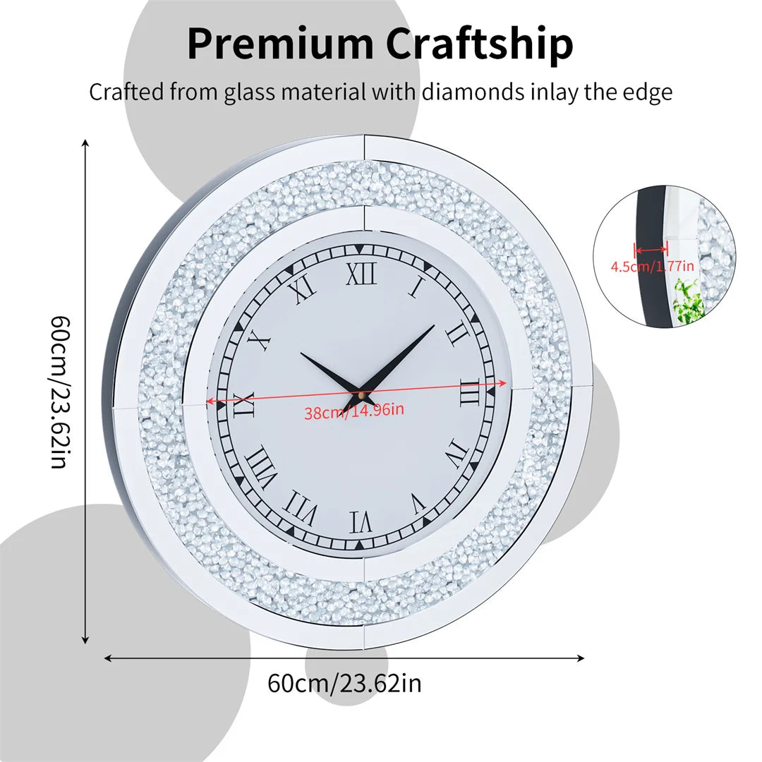 LUVODI Wall Clock Mirror Clock Sparkle Bling Round Diamond Wall Clock with Silver Tawny Tinted Crystal Crushed