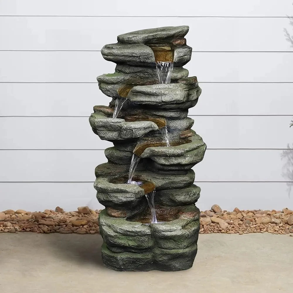 30.7inches Outdoor Water Fountain - 6-Tiers Rock Waterfall Fountain with Led Lights for Home Garden Decor