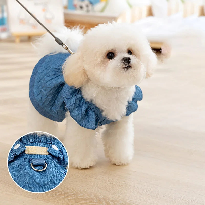 Denim Dog Dresses For Small Dogs With Leash Ring Flying Sleeves Blue Outfit