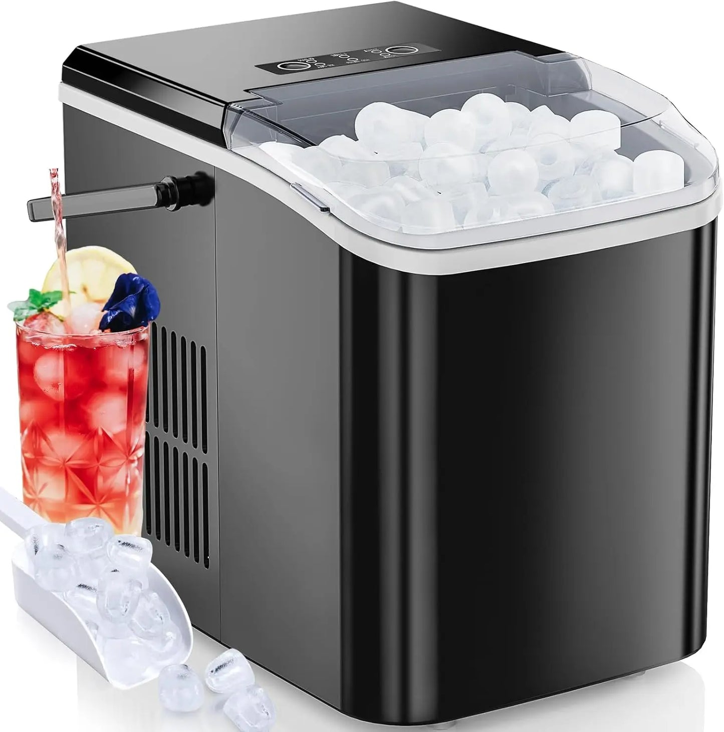 Portable Countertop Ice Machine Maker with Handle, Bullet Ice, 9 Cubes in 6 Mins, 26.5lbs/24Hrs, Black