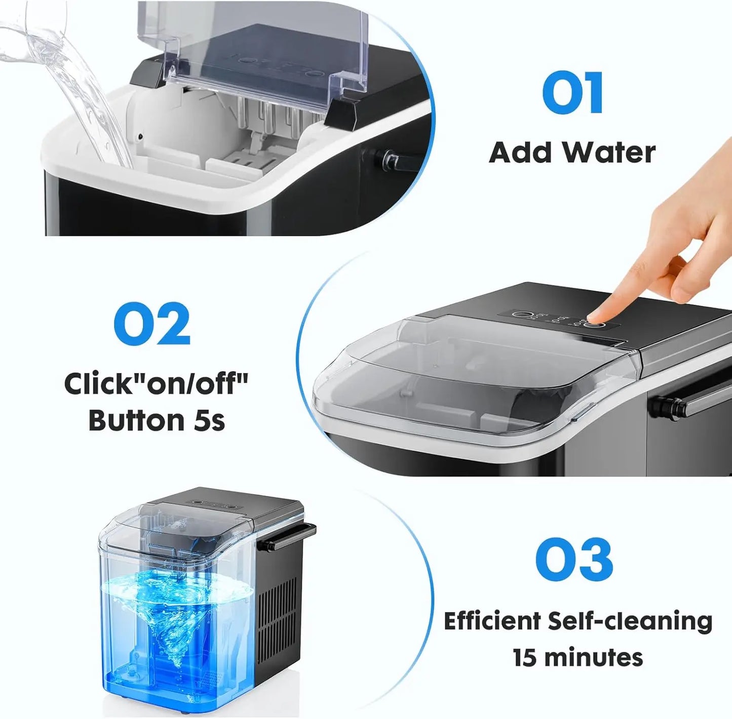 Portable Countertop Ice Machine Maker with Handle, Bullet Ice, 9 Cubes in 6 Mins, 26.5lbs/24Hrs, Black