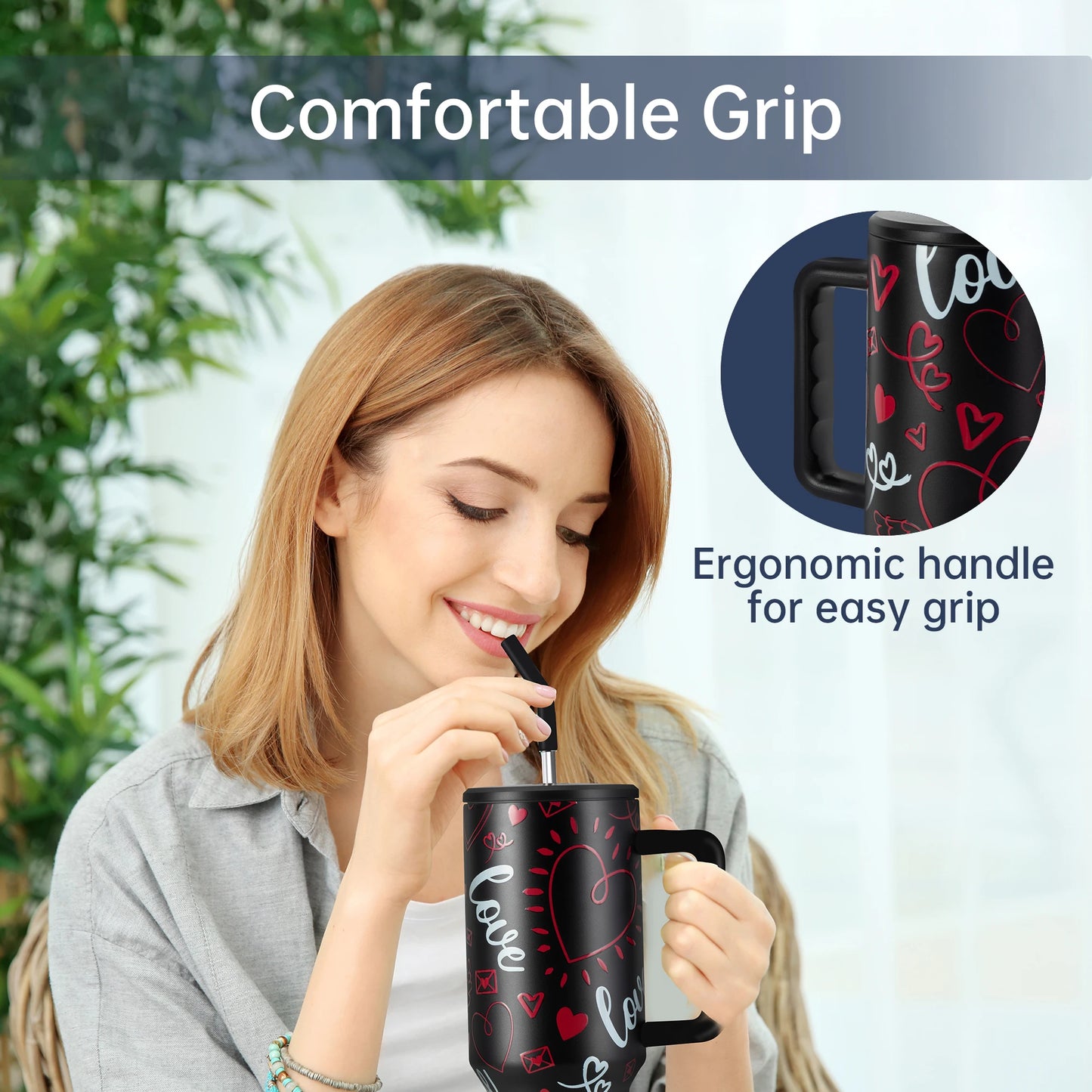 Deli 40oz Tumbler with Handle, Dual Straw Lid, Stainless Steel Double Wall Insulated, Valentine
