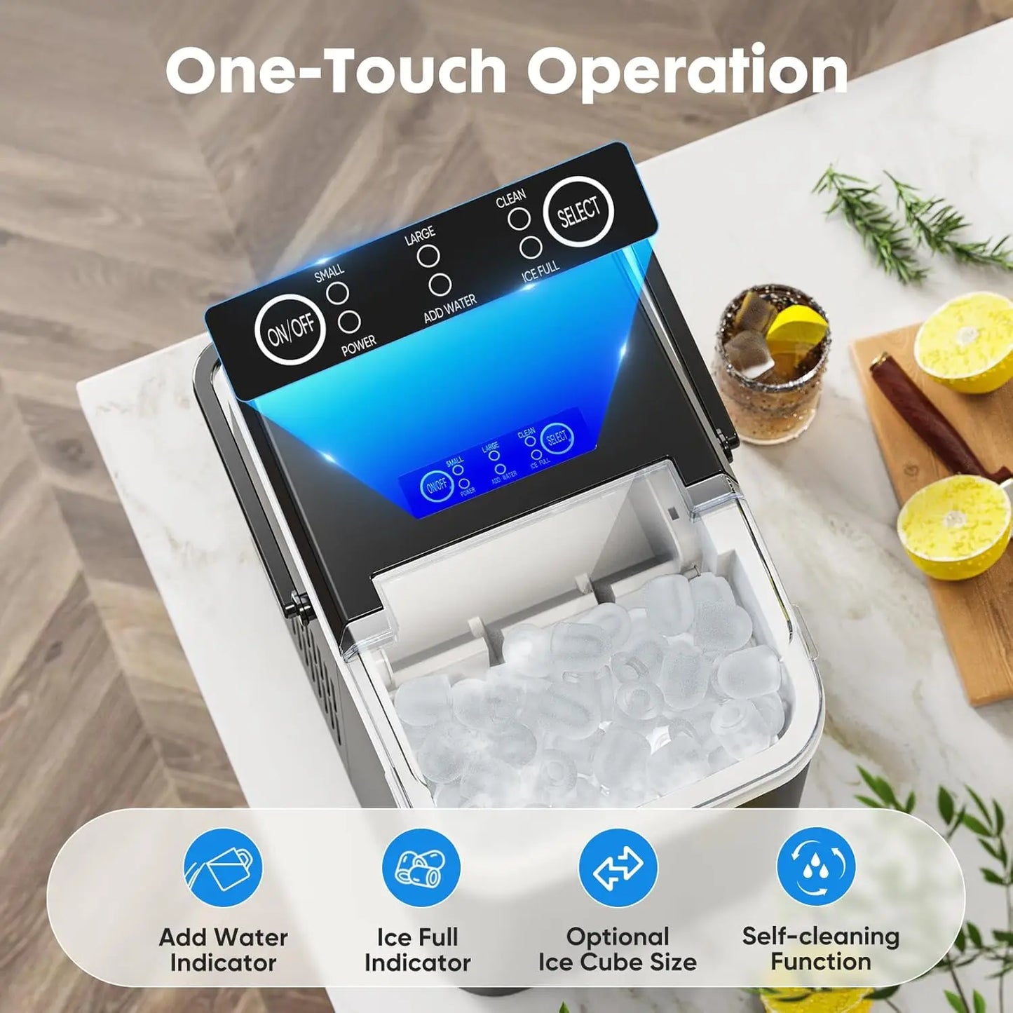 Portable Countertop Ice Machine Maker with Handle, Bullet Ice, 9 Cubes in 6 Mins, 26.5lbs/24Hrs, Black