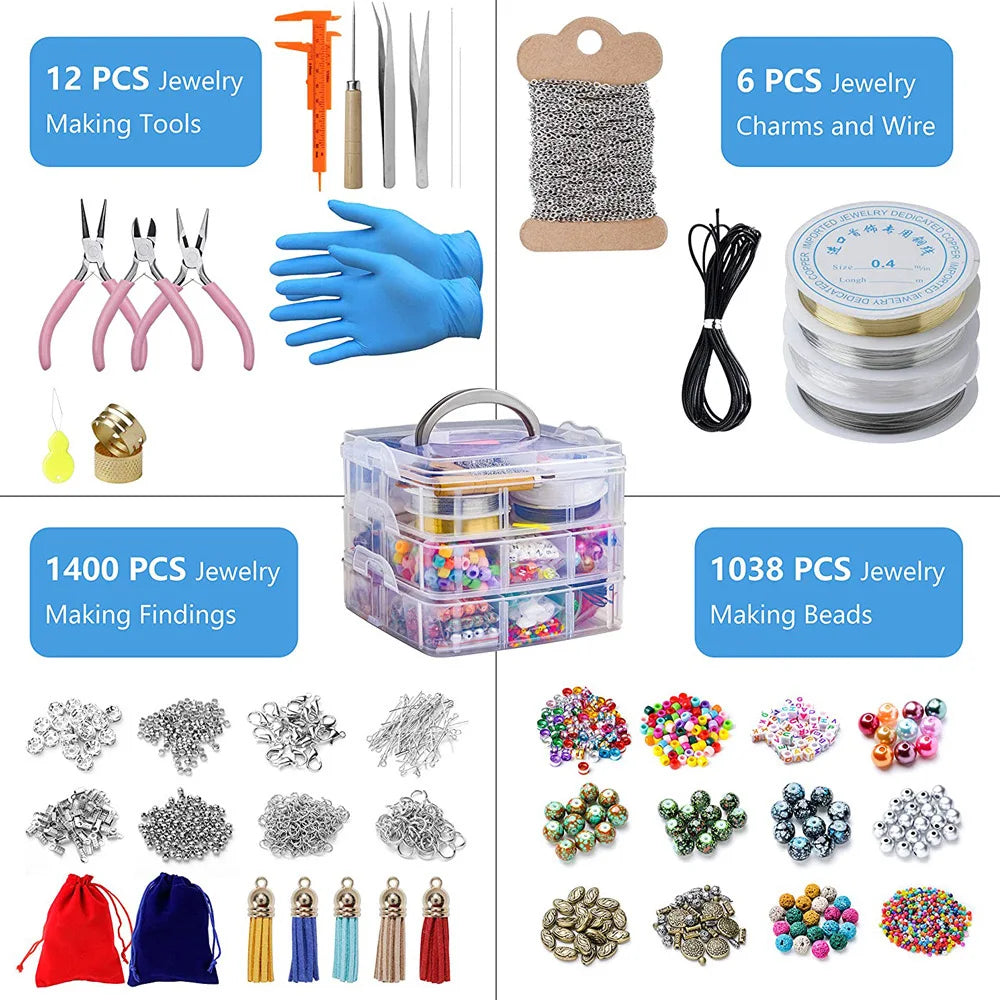 2456-Piece Deluxe DIY Bead Jewelry Making Kit - Includes Beads, Findings, and Accessories for Creating Unique Bracelets, Necklac