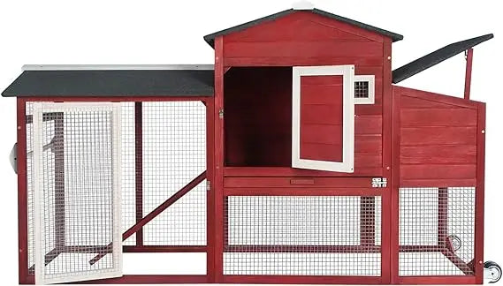 Chicken Coop Solid Wood with Large Run Cage 2 Stories Asphalt Roof Nest Box Pu Wheels Perch
