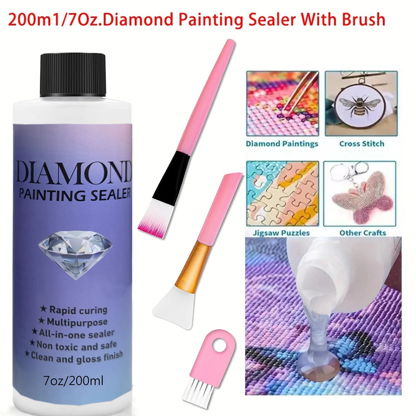 60ML/120ML/200ML Diamond Painting Sealer with 3 Pcs Brushes Diamond Painting Glue Permanent Hold & Shine Effect Sealer Puzzle