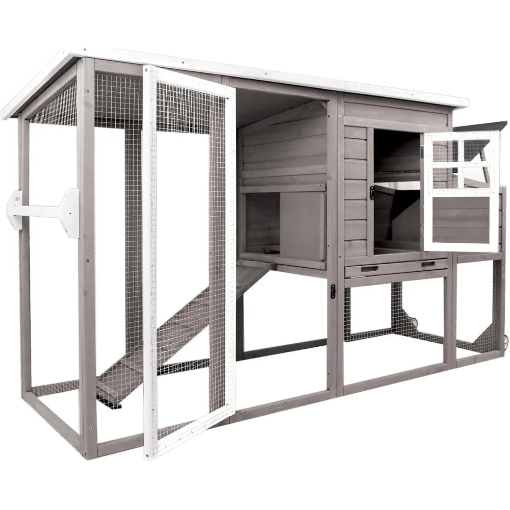 Chicken Coop Solid Wood with Large Run Cage 2 Stories Asphalt Roof Nest Box Pu Wheels Perch