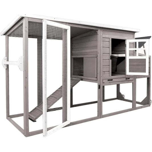 Chicken Coop Solid Wood with Large Run Cage 2 Stories Asphalt Roof Nest Box Pu Wheels Perch