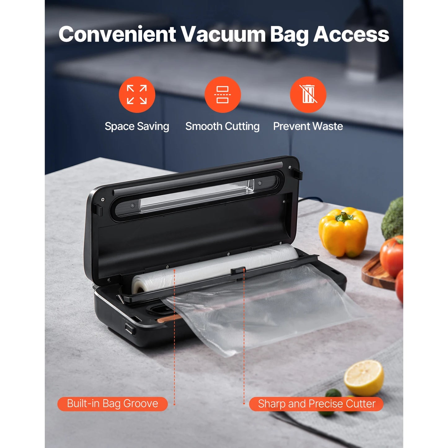 VEVOR 80Kpa 120W Electric Vacuum Sealer Machine 7-in-1 Dry/Wet Food Sealer with Built-in Cutter Knife for Kitchen Food Storage
