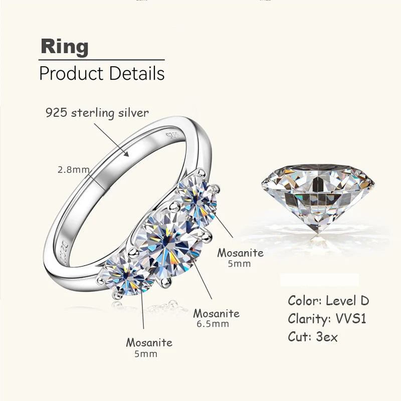 OXTAO 1ct And 0.5ct Moissanite Ring 925 Silver Three Stone