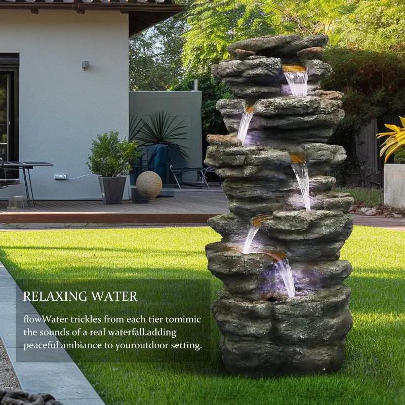 SunJet 40"High 6-Tiers Cascading Rock Outdoor Water Fountain with LED Lights-Large Outdoor Fountains and Waterfalls Garden Patio