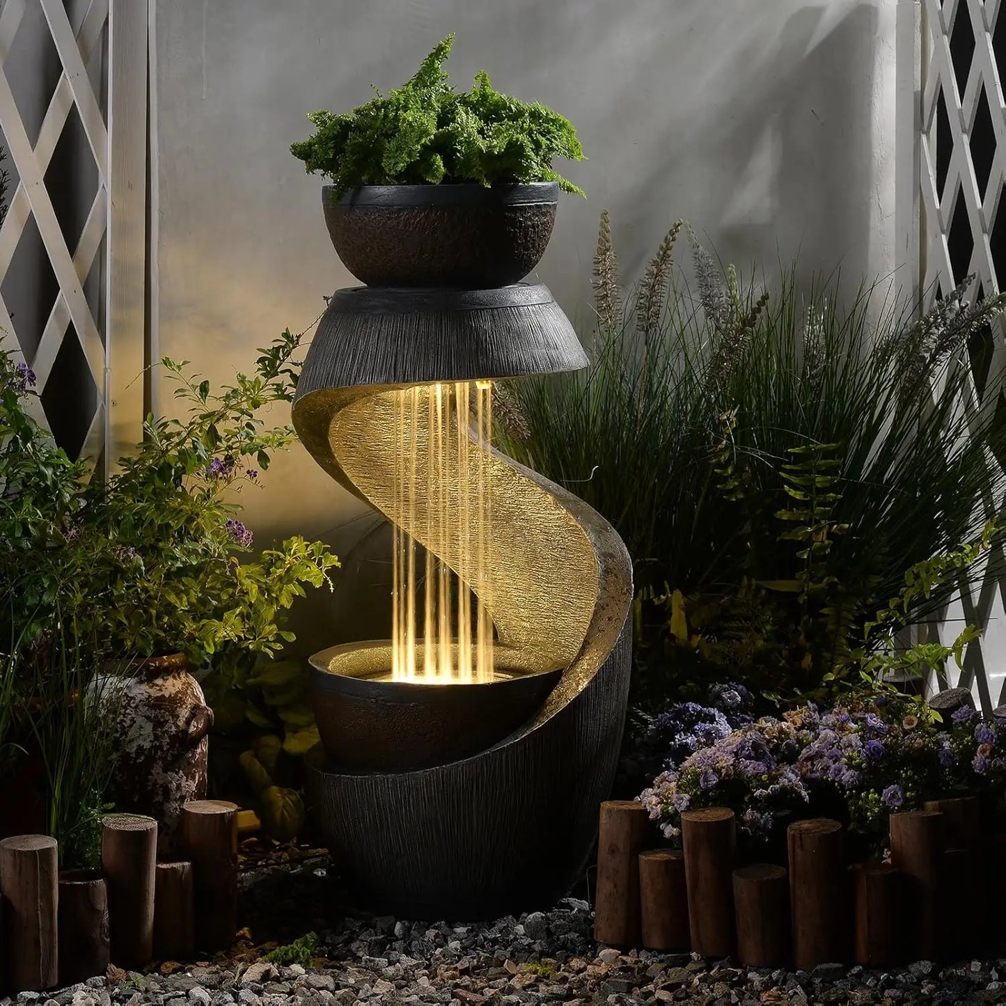 Waterfall Fountain Outdoor Fountains Garden - Modern Curved S-Shaped Waterfalls Feature with Bowl Planter Waterscape