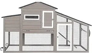 Chicken Coop Solid Wood with Large Run Cage 2 Stories Asphalt Roof Nest Box Pu Wheels Perch