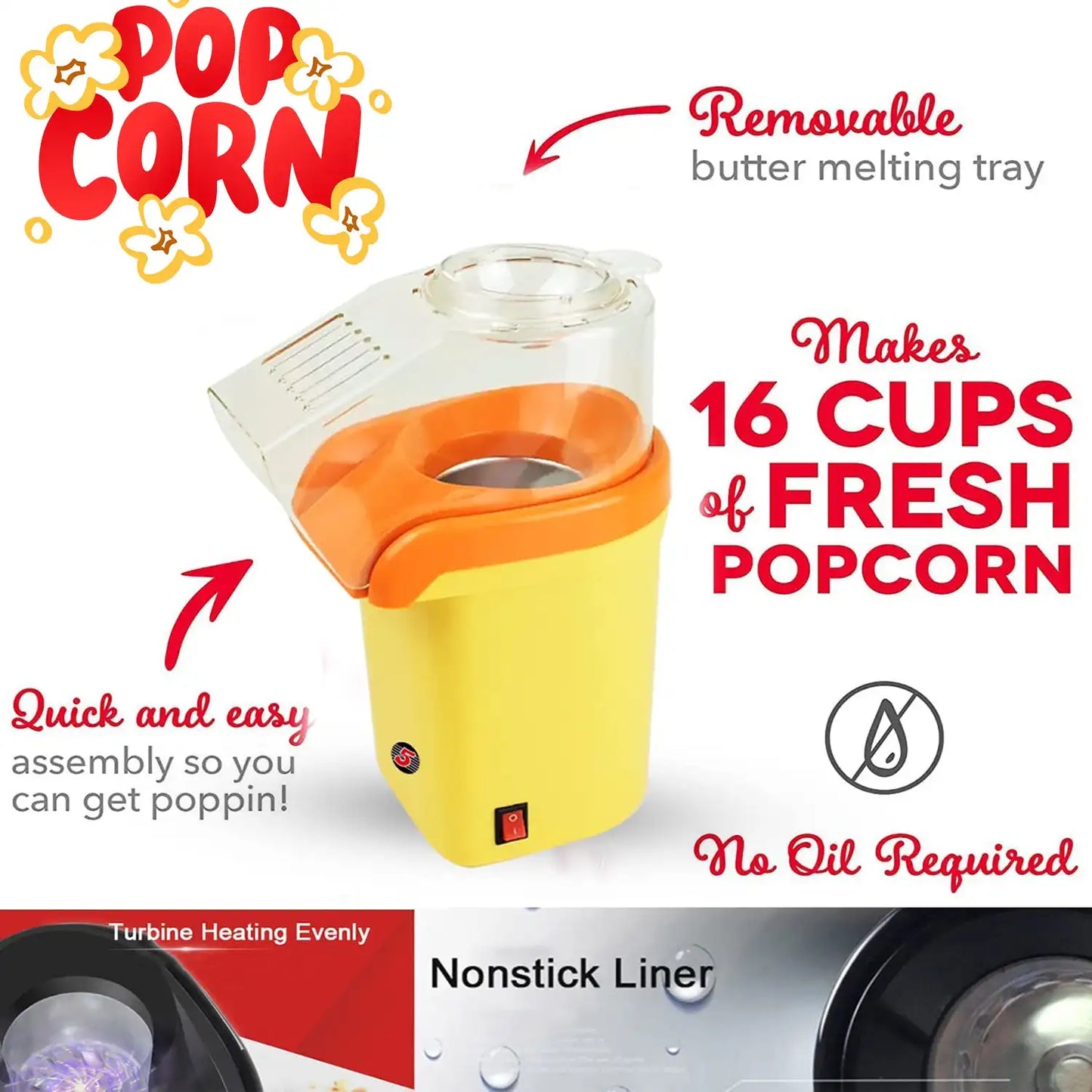 5 Core Popcorn Machine 16 Cup Hot Air Popcorn Maker