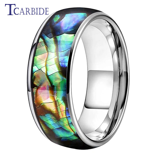 8mm Abalone Shell Tungsten Ring For Men Women Domed Polished Comfort Fit