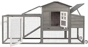 Chicken Coop Solid Wood with Large Run Cage 2 Stories Asphalt Roof Nest Box Pu Wheels Perch