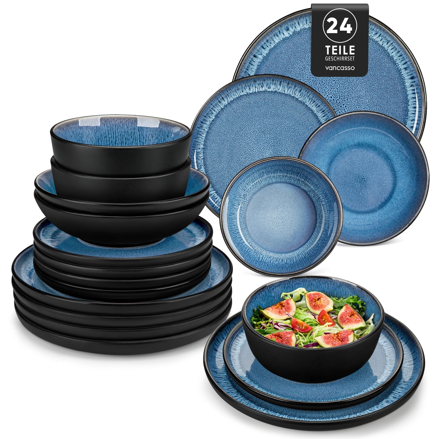 Vancasso 24 Piece Blue Dinnerware Set Reactive Glaze For 6