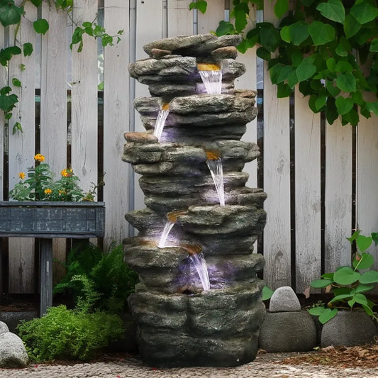 SunJet 40"High 6-Tiers Cascading Rock Outdoor Water Fountain with LED Lights-Large Outdoor Fountains and Waterfalls Garden Patio