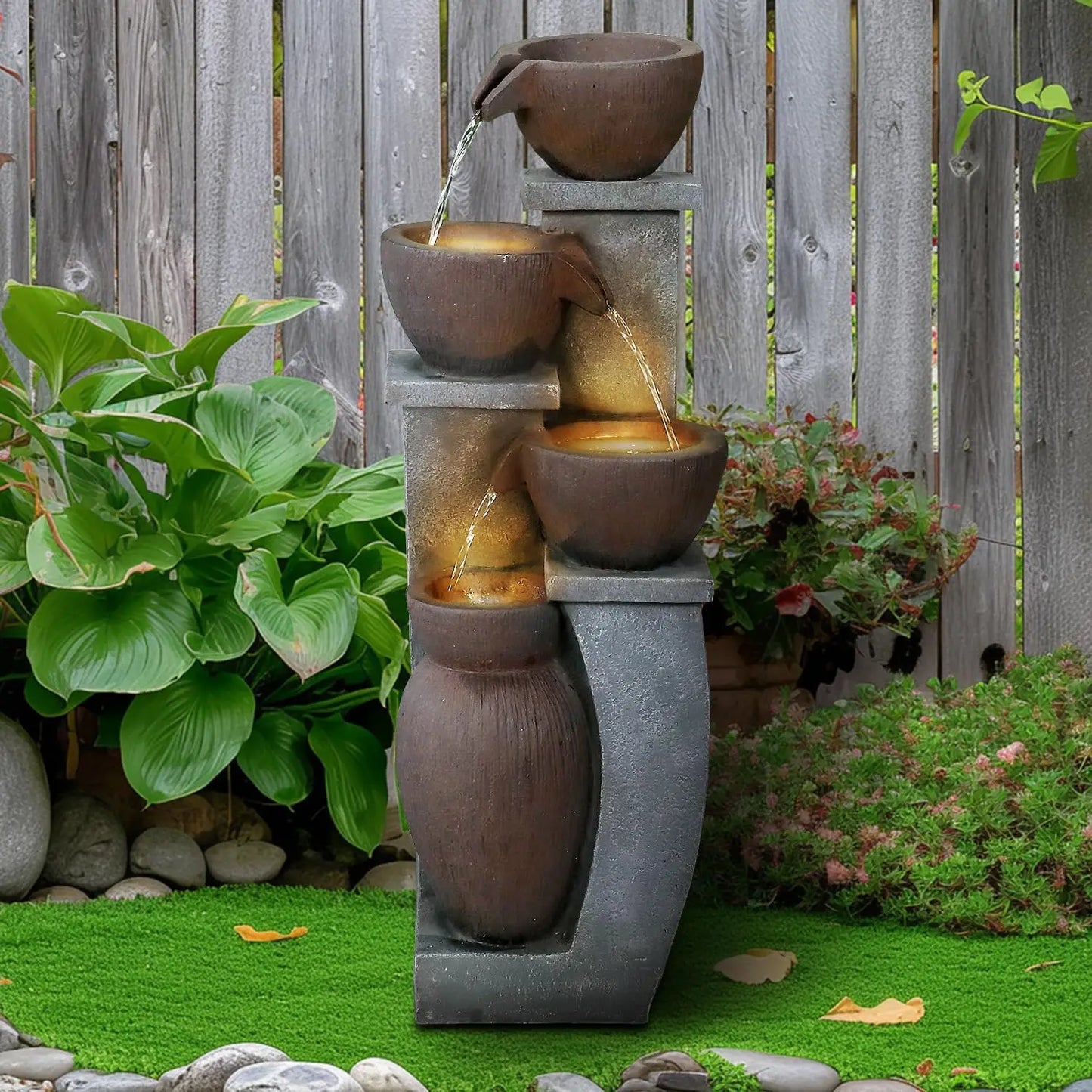 Modern Indoor Outdoor Waterfall Fountain Relaxing Soothing Outdoor Freestanding Fountains with Lights&Pump, 4-Tier Tier Outdoor
