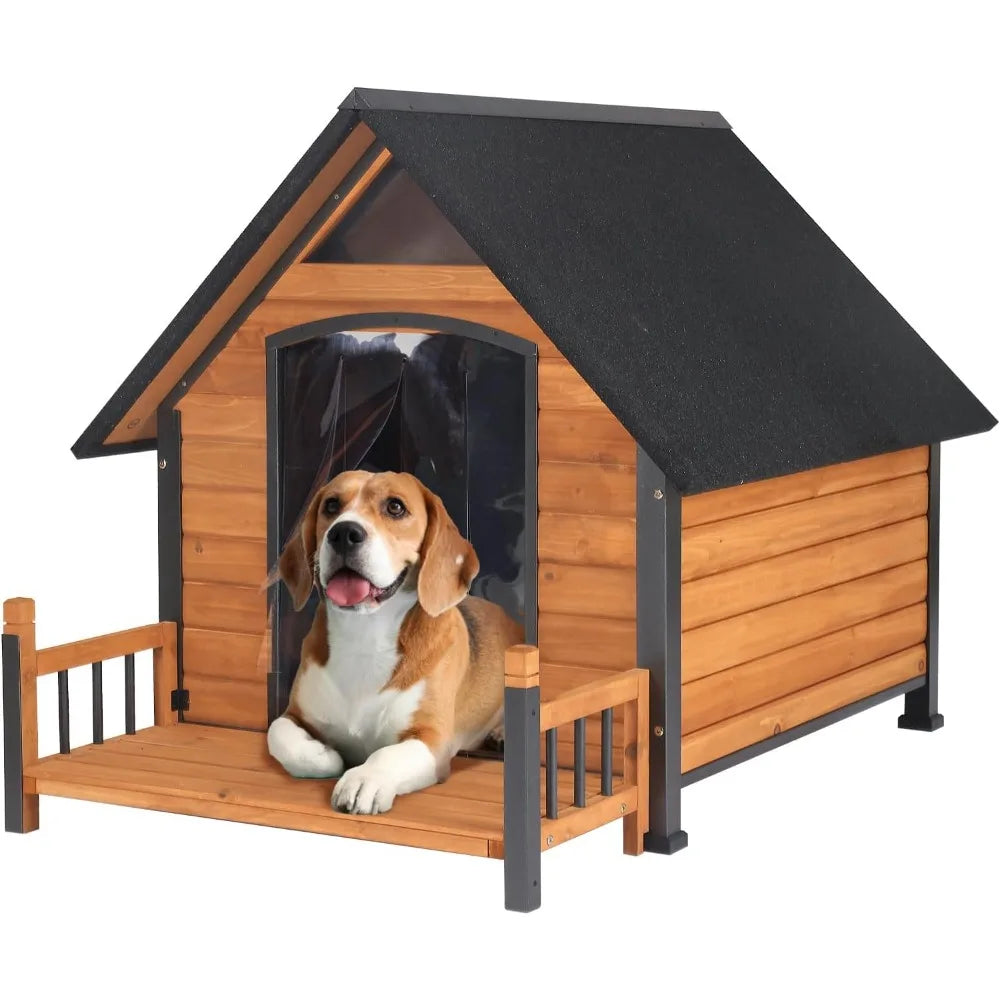 Aivituvin Dog House Outdoor with Metal Frame Outside Dog Kennel with Roof Weatherproof and Raised Legs for Large Medium Small Do