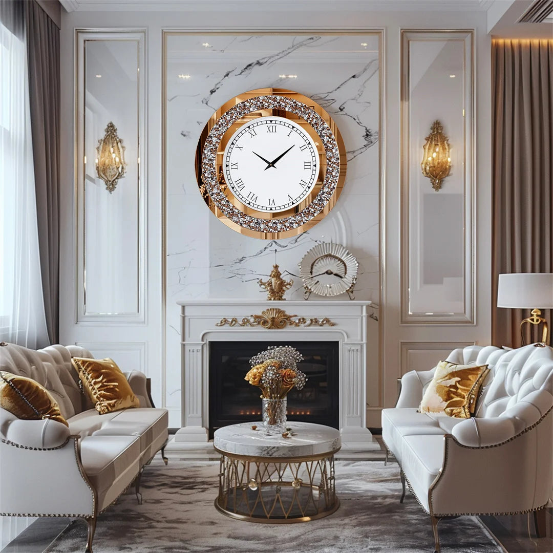 LUVODI Wall Clock Mirror Clock Sparkle Bling Round Diamond Wall Clock with Silver Tawny Tinted Crystal Crushed