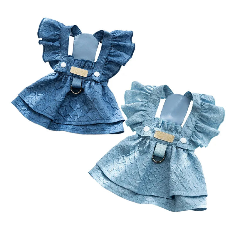 Denim Dog Dresses For Small Dogs With Leash Ring Flying Sleeves Blue Outfit
