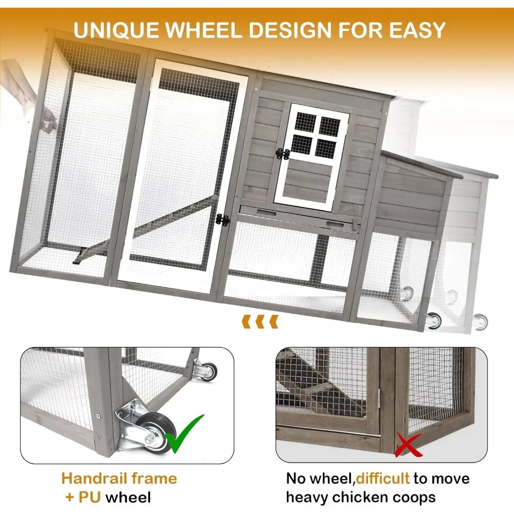 Chicken Coop Solid Wood with Large Run Cage 2 Stories Asphalt Roof Nest Box Pu Wheels Perch
