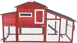 Chicken Coop Solid Wood with Large Run Cage 2 Stories Asphalt Roof Nest Box Pu Wheels Perch