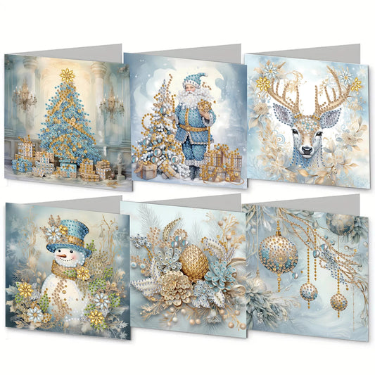 6 pieces of diamond painting set-christmas snowman theme greeting card, blessings and wishes, unique design by Mark Sai