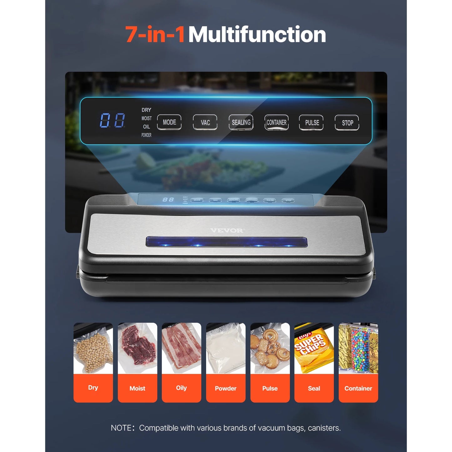 VEVOR 80Kpa 120W Electric Vacuum Sealer Machine 7-in-1 Dry/Wet Food Sealer with Built-in Cutter Knife for Kitchen Food Storage