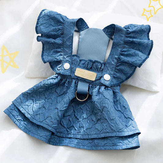 Denim Dog Dresses For Small Dogs With Leash Ring Flying Sleeves Blue Outfit