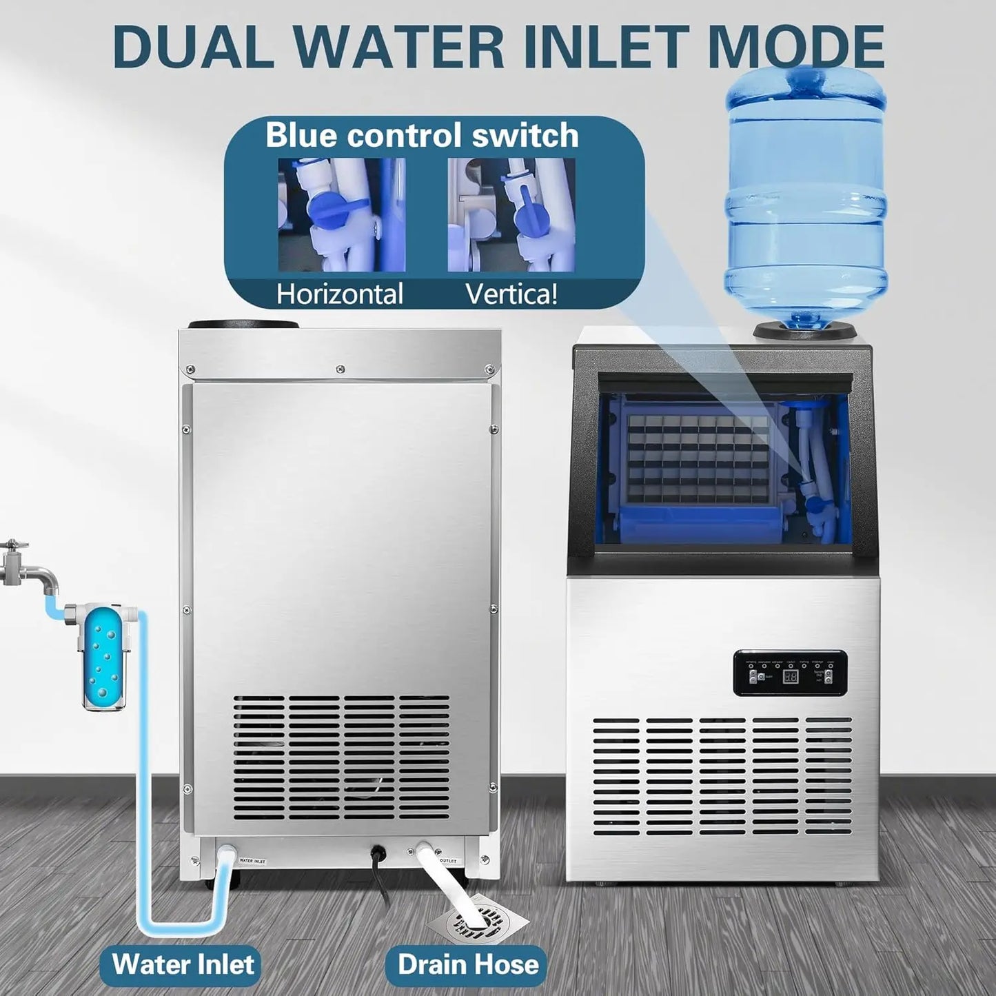 Zomagas Ice Maker 110 Lbs 24 Hours Dual Water Inlet Modes
