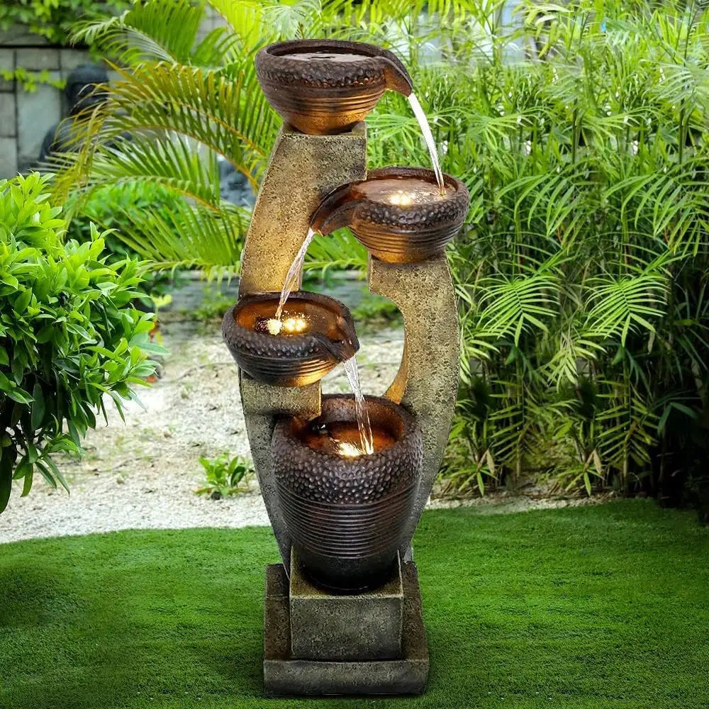 Modern Indoor Outdoor Waterfall Fountain Relaxing Soothing Outdoor Freestanding Fountains with Lights&Pump, 4-Tier Tier Outdoor