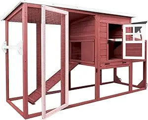 Chicken Coop Solid Wood with Large Run Cage 2 Stories Asphalt Roof Nest Box Pu Wheels Perch