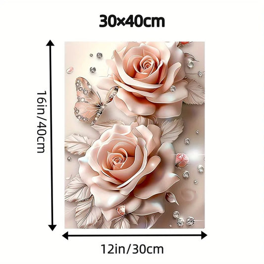Dream Pink Rose Butterfly Diamond Canvas Wood Wall Art Decor