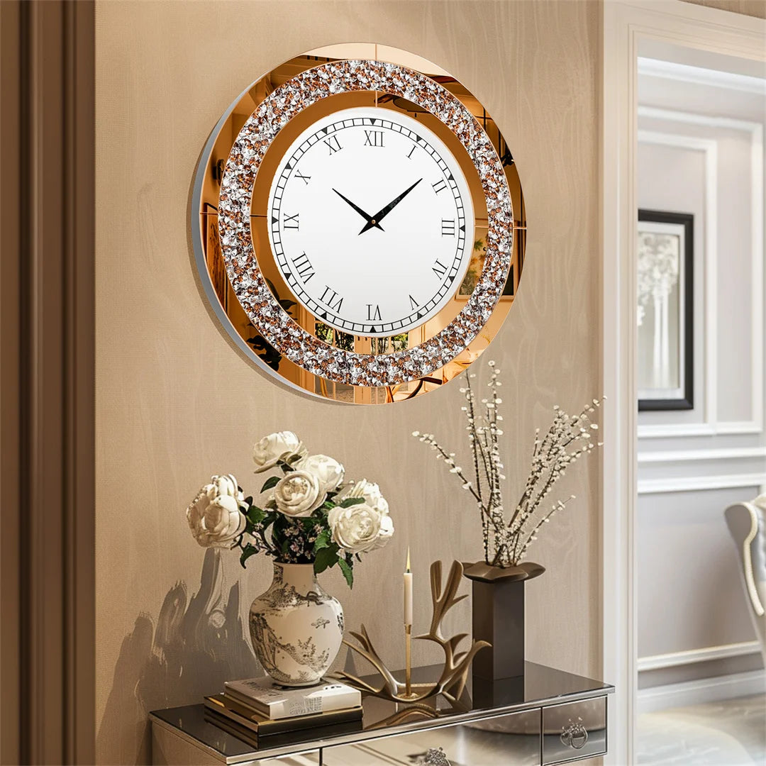 LUVODI Wall Clock Mirror Clock Sparkle Bling Round Diamond Wall Clock with Silver Tawny Tinted Crystal Crushed
