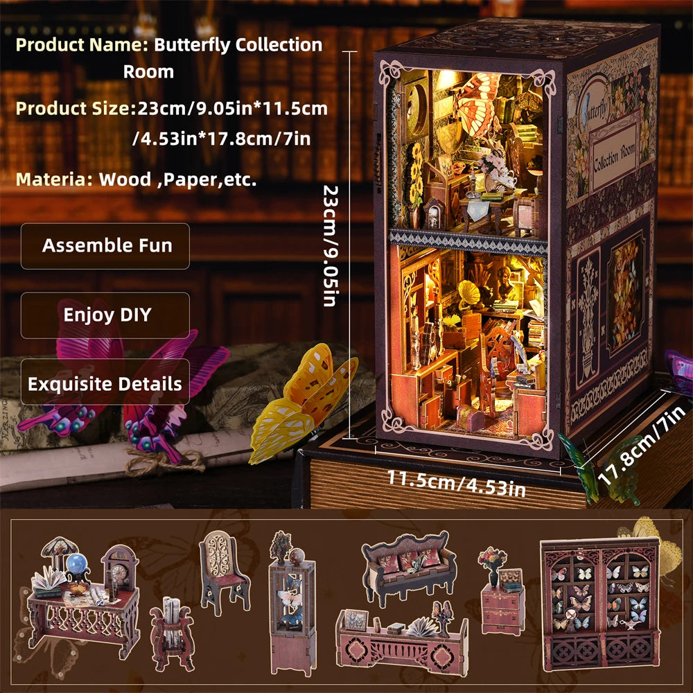 ASLOWSNAIL Butterfly Book nook kit Wooden 3D Puzzle DIY Dollhouse Bookshelf Building Model Kit Production High Quality Toys