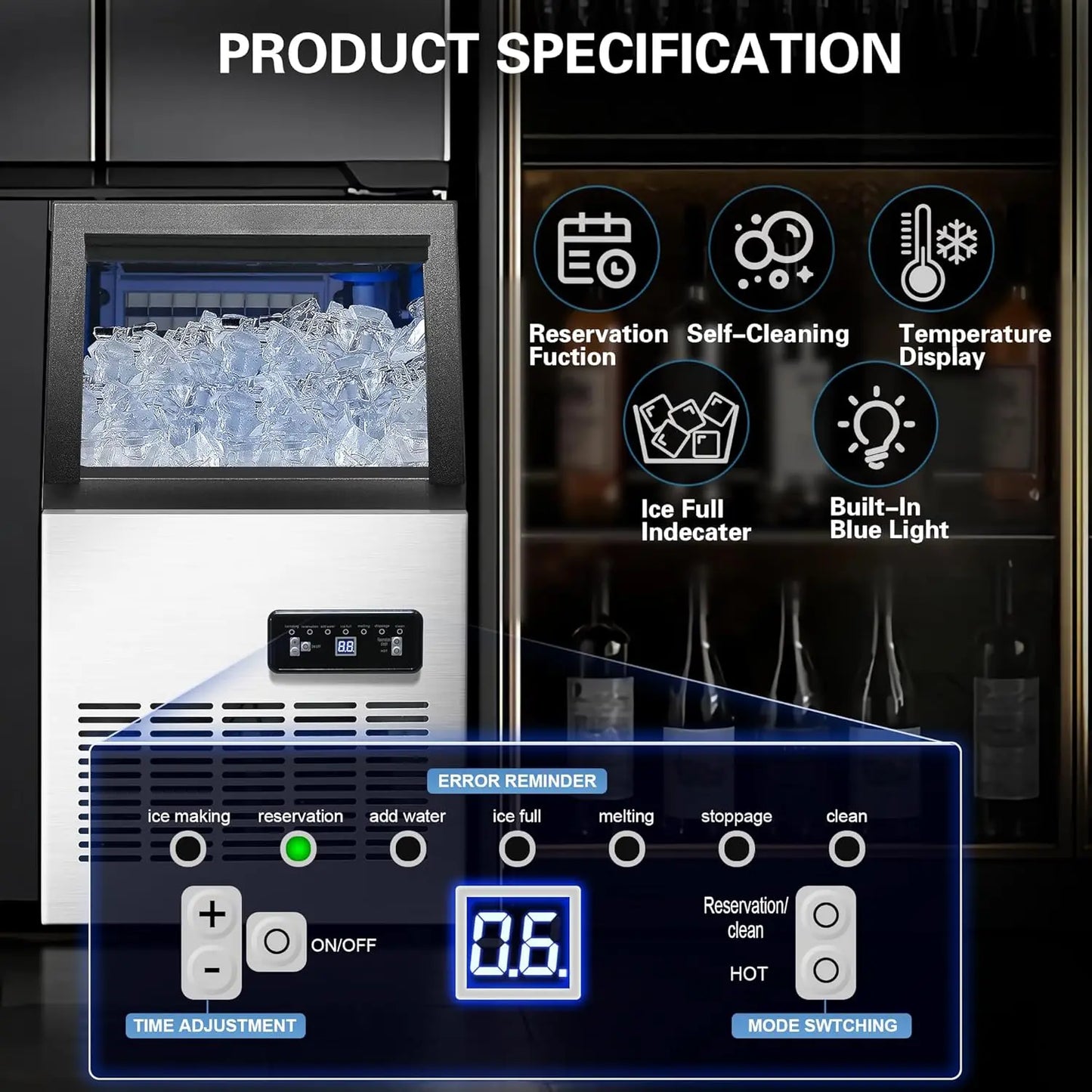 Zomagas Ice Maker 110 Lbs 24 Hours Dual Water Inlet Modes
