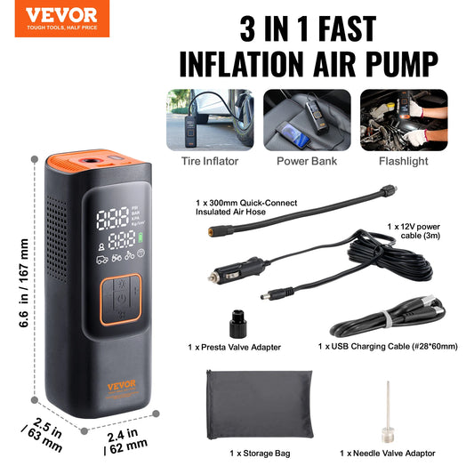 VEVOR Tire Inflator Portable Air Compressor 7800mAh Battery & 12V DC Dual Power 2X Faster 160PSI for Car Motorcycle Bike Ball