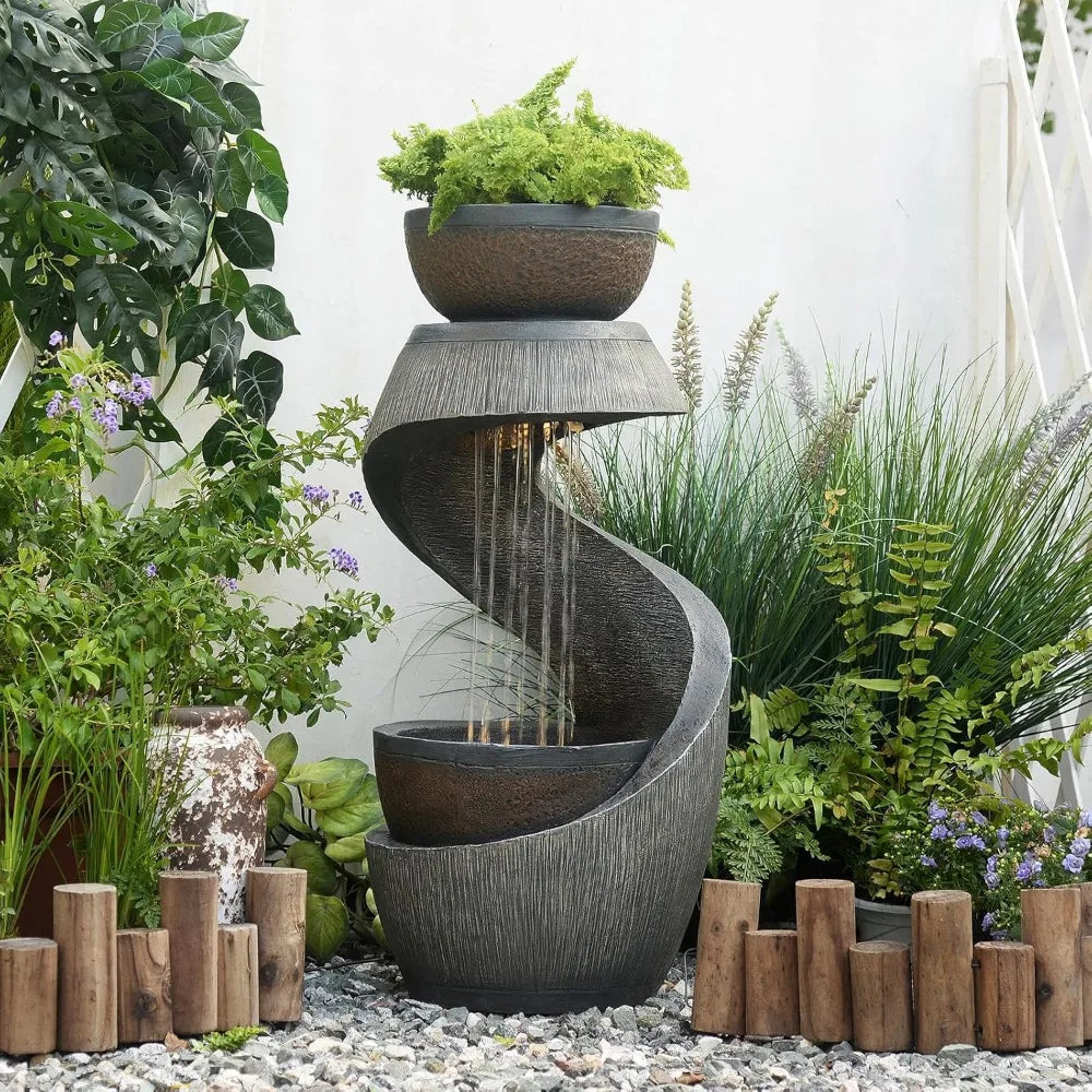 Waterfall Fountain Outdoor Fountains Garden - Modern Curved S-Shaped Waterfalls Feature with Bowl Planter Waterscape