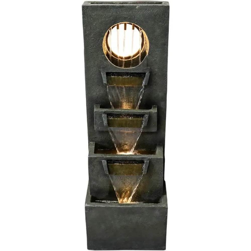Modern Indoor Outdoor Waterfall Fountain Relaxing Soothing Outdoor Freestanding Fountains with Lights&Pump, 4-Tier Tier Outdoor
